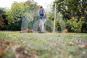 Male gardener using rakes to finish up planting new olive tree