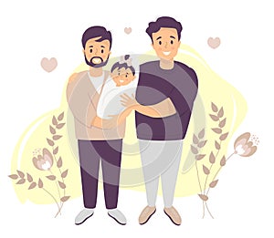 Male gay couple adopting baby. Two happy men holding new born child. vector flat illustration. LGBT family, parenthood