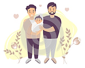 Male gay couple adopting baby. Two happy men holding new born child. vector illustration. Happy LGBT family with a baby