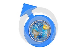 Male Gender Symbol with Earth Globe. Men`s International Day Concept. 3D rendering