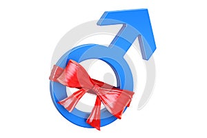 Male gender symbol with red bow and ribbon, 3D rendering