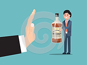 Male gesture stop alcohol consumption, man drunk character hold bottle whiskey isolated on blue, flat vector