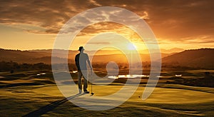 male golfer hit golf ball toward the hole at sunset silhouetted