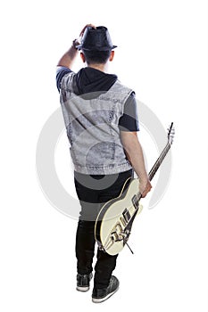 Male guitarist with guitar rear view 3