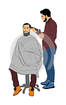 Male hairdresser holding scissors and comb illustration. Man client in barber`s chair getting haircut by hair stylist.