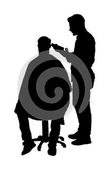 Male hairdresser holding scissors and comb illustration. Man client in barber`s chair getting haircut by hair stylist.