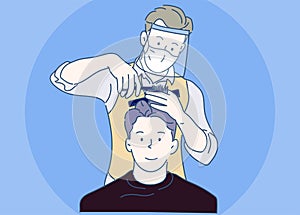 A Male hairdresser wearing face shield and haircut client, making haircut using metal scissors and comb. New Normal concept.