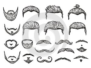 Male hairs sketch. Beard, mustache facial elements. Hand drawn hipster haircuts. Isolated fashion models barber shop