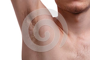 Male hairy armpit isolated on white background