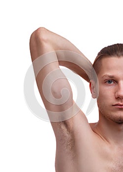 Male hairy armpit young man isolated on white background.