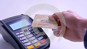 Male hand applying a bank card to payment terminal