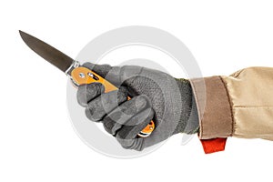 Male hand in black protective glove and brown uniform holding open pocket knife with bright orange handle isolated on white