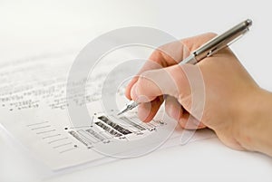 Male hand with business charts and bar graph photo