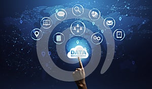 Male Hand Choosing Gloving Data Management Cloud, Different Infographic Icons On Background