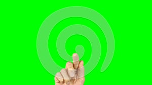 Male hand dial number on virtual giant smartphone. Green background.