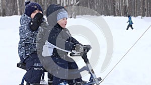 Male hand drags two happy little boys in sled near other boy during snowfall in park