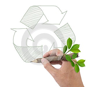 Male hand drawing recycle symbol.