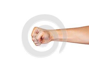 Male hand in fist punching straight out on white background