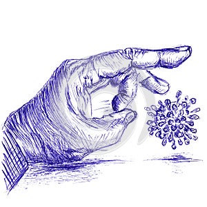 The male hand gives a click to the coronavirus, Hand made sketch with ballpoint pen on paper texture. Isolated on white. Bitmap