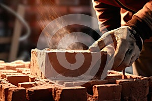 male hand in glove of bricklayer installing bricks on construction site