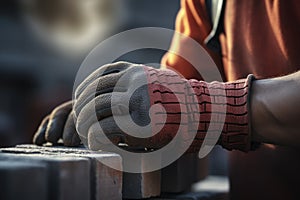 male hand in glove of bricklayer installing bricks on construction site