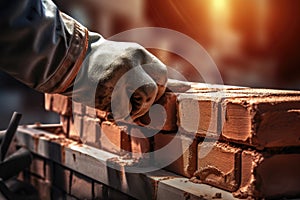 male hand in glove of bricklayer installing bricks on construction site