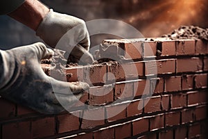 male hand in glove of bricklayer installing bricks on construction site