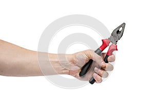 Male hand hold a black and red pliers isolated on white background