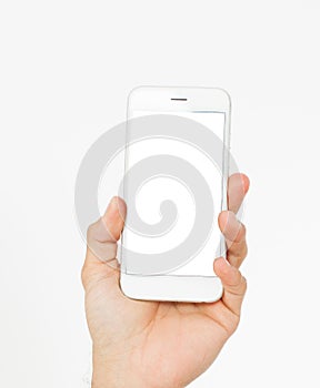 Male hand hold blank screen phone isolated on white background, clipping path inside,new mobile apps. Top view,mock up