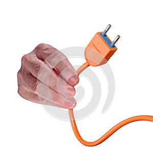 The male hand hold a cable plugin on white background.
