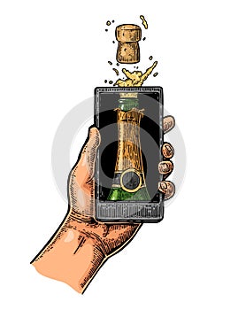 Male hand hold smartphone with bottle of champagne explosion