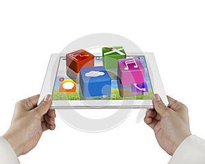 Male hand hold tablet with apps