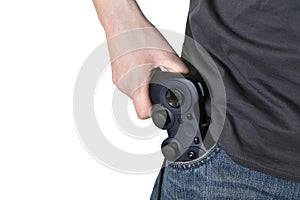 Male hand hold video game controller like a gun