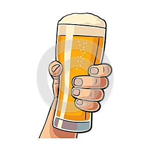 Male hand holding a beer glass.