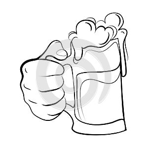 Male hand holding a beer mug with foam line emblem,logo template design vector illustration.Glass of beer sketch