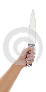 Male hand holding big silver kitchen knife