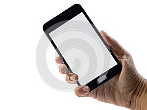 Male hand holding black cellphone. clipping path