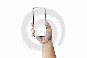 Male hand holding black smartphone with blank screen and modern frameless design two positions angled copy space isolated on white