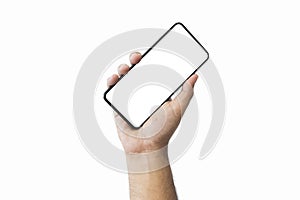 Male hand holding black smartphone with blank screen and modern frameless design two positions angled copy space isolated on white