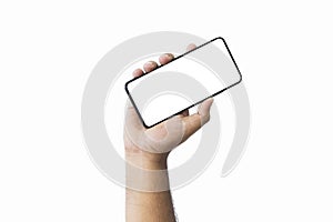 Male hand holding black smartphone with blank screen and modern frameless design two positions angled copy space isolated on white