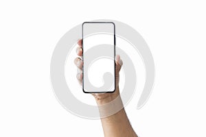 Male hand holding black smartphone with blank screen and modern frameless design two positions angled copy space isolated on white