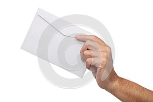 Male hand holding blank envelope isolated