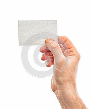 Male hand holding business card blank , isolated on white