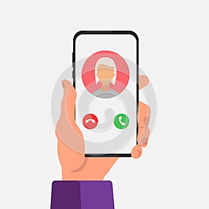 Male Hand Holding Cellphone With Incoming Call, White Background, Vector
