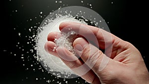 Male hand holding coarse salt in a hand, top view