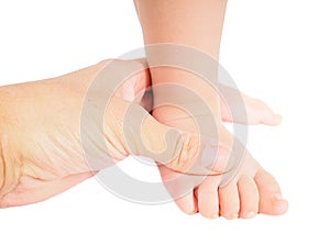 Male hand holding firmly around a foot of toddler isolated