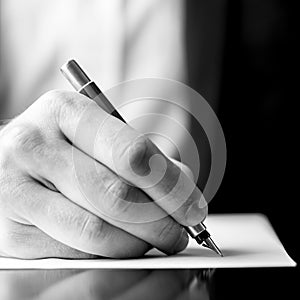 Male hand holding a fountain pen as though writing