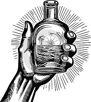 Male hand holding a glass of alcohol drink. Hand drawn design. Vintage engraving stylized drawing. Vector