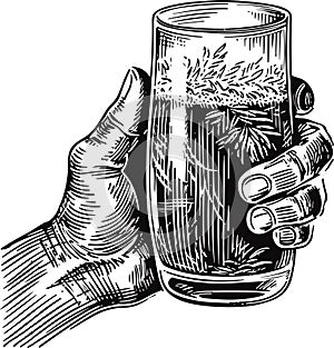 Male hand holding a glass of alcohol drink. Hand drawn design. Vintage engraving stylized drawing. Vector