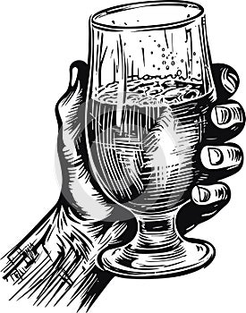 Male hand holding a glass of alcohol drink. Hand drawn design. Vintage engraving stylized drawing. Vector